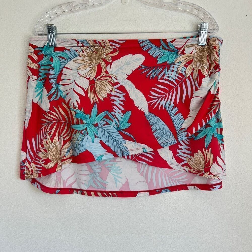 Jantzen Swimsuit Coverup Skirt Tropical Florals Deep Pink Red and Aqua Size 14